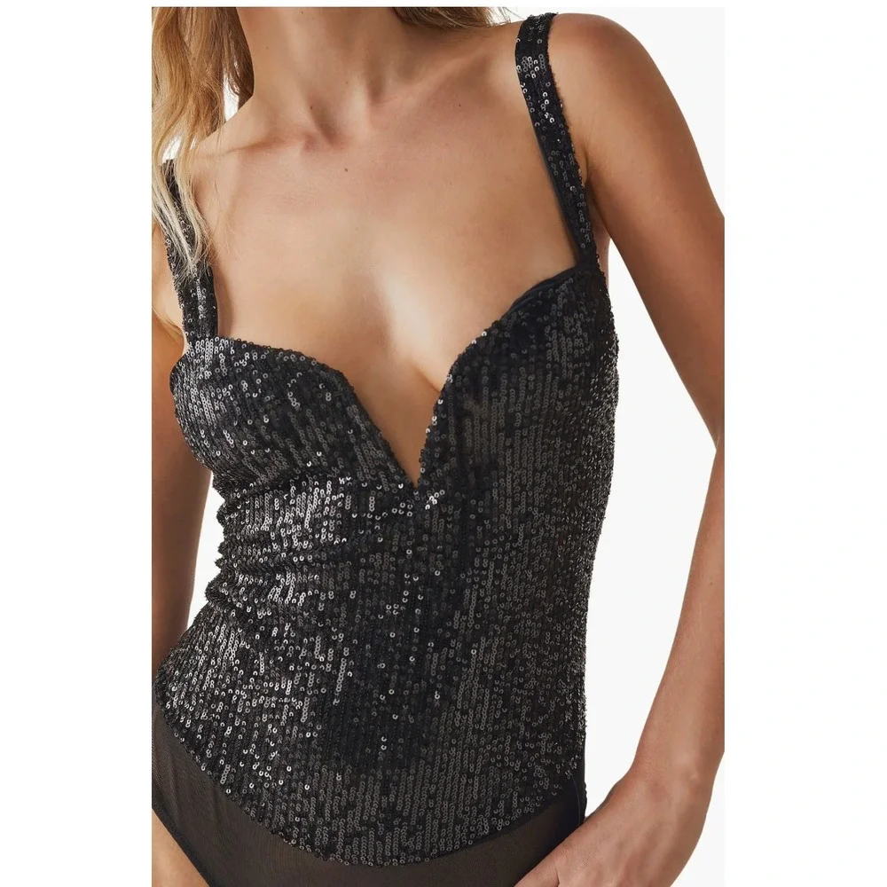 Free People Black Sparks Fly Sequin‎ Bodysuit Sequin V-Neck Thong Sm Straps x123